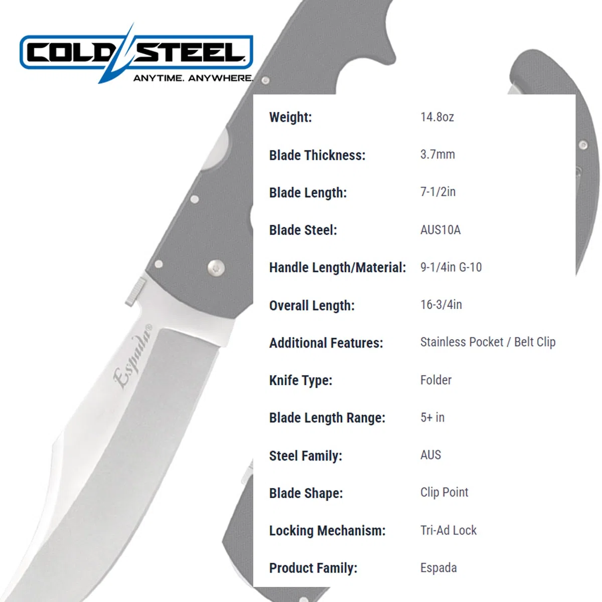 Cold 62MGB Steel, Taschenmesser, XL Espada Lockback, Klinge: 19,1 cm, G10, Schwarz, Klappmesser, Taschenclip, Stonewash
