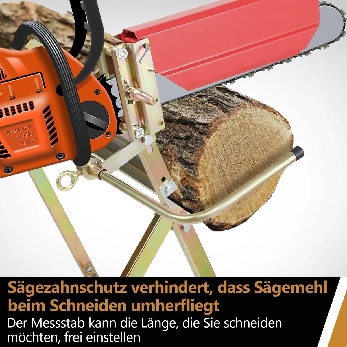 Herrselsam Sägebock mit Kettensägenhalterung, Kettenschutz, Messstab, bis 150 kg, 81x72x78,5 cm, Sägeständer klappbar Geeignet für Sägewerke, Werkstätten
