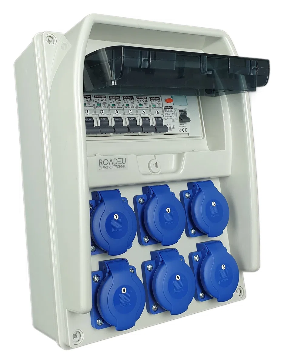 RoadEu Stromverteiler, 6x Schuko Steckdose mit Leitungsschutzschalter - Baustromverteiler mit Fi Schutzschalter und 6x Sicherungsautomat "C" 16A. Einzelphase