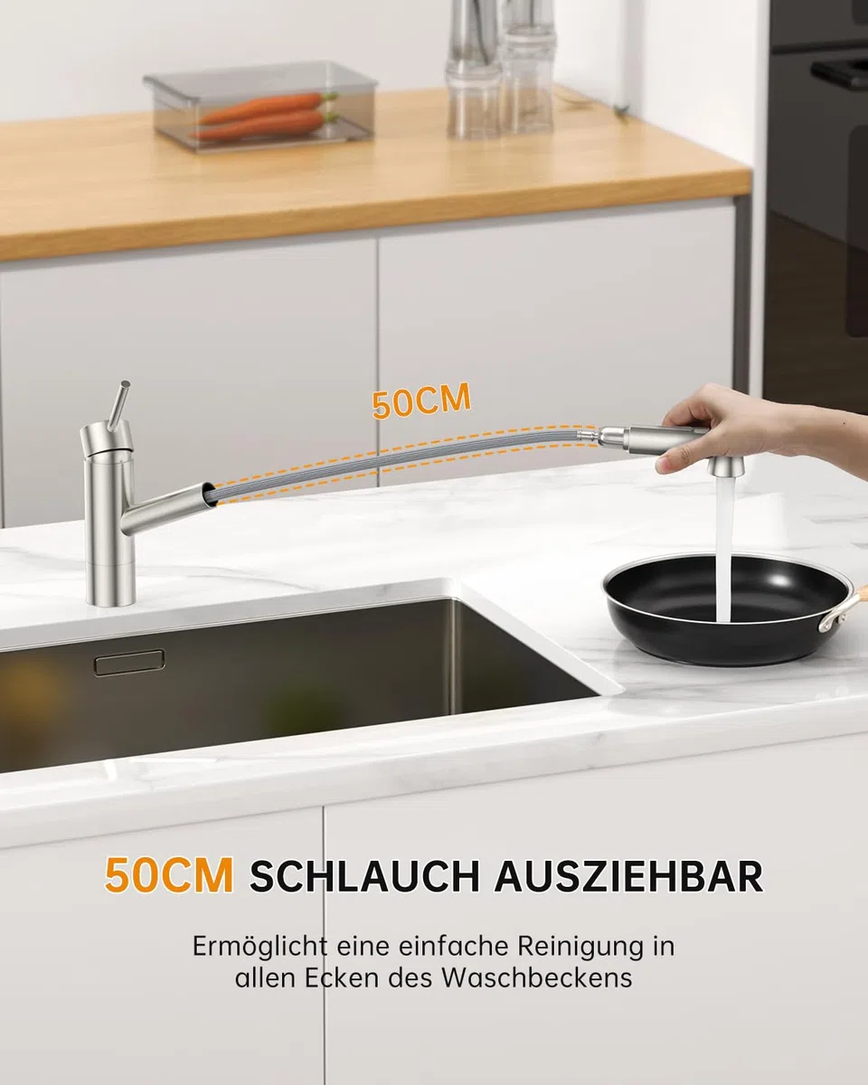 DAYONE Niederdruck Wasserhahn Küche, Niederdruck Küchenarmatur mit Ausziehbarer Brause, 3 Anschlüsse, 2 Strahlarten Spültischarmatur, Mischbatterie Küche, Ausziehbar Küche Mischbatterie für Boiler