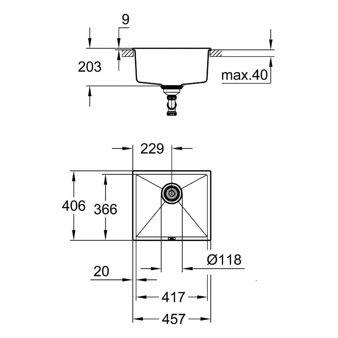 Grohe K700 Unterbau Kompositspüle granit schwarz 31653AP0 45.7 x 40.6 cm