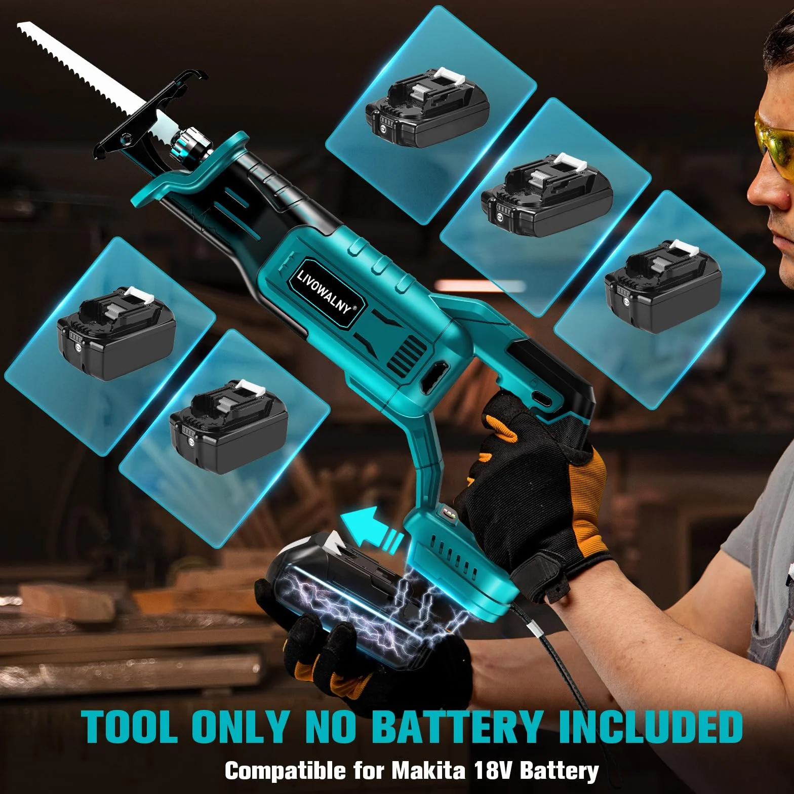 LIVOWALNY Akku Säbelsäge Kompatibel mit Makita 18V (Ohne Akku) - Reciprosäge Bürstenlos Motor 3200 SPM, 3 variable Geschwindigkeiten mit 4 Sägeblätter für Metall/Holz/PVC (Blau)