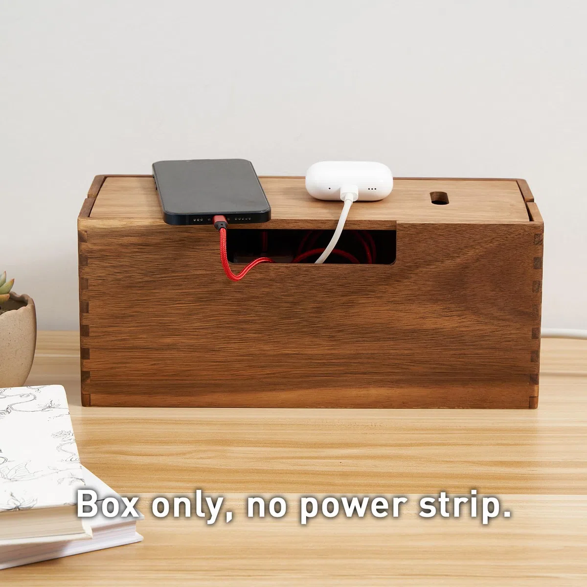 Akazienholz Kabelmanagement-Box, Kabelorganizer mit Deckel für Steckdosenleiste - Kabelversteck für TV, Schreibtisch & Boden, Büro, Wohnzimmer, Home-Office (Untertisch-Kabelbox zur Kabelaufbewahrung)