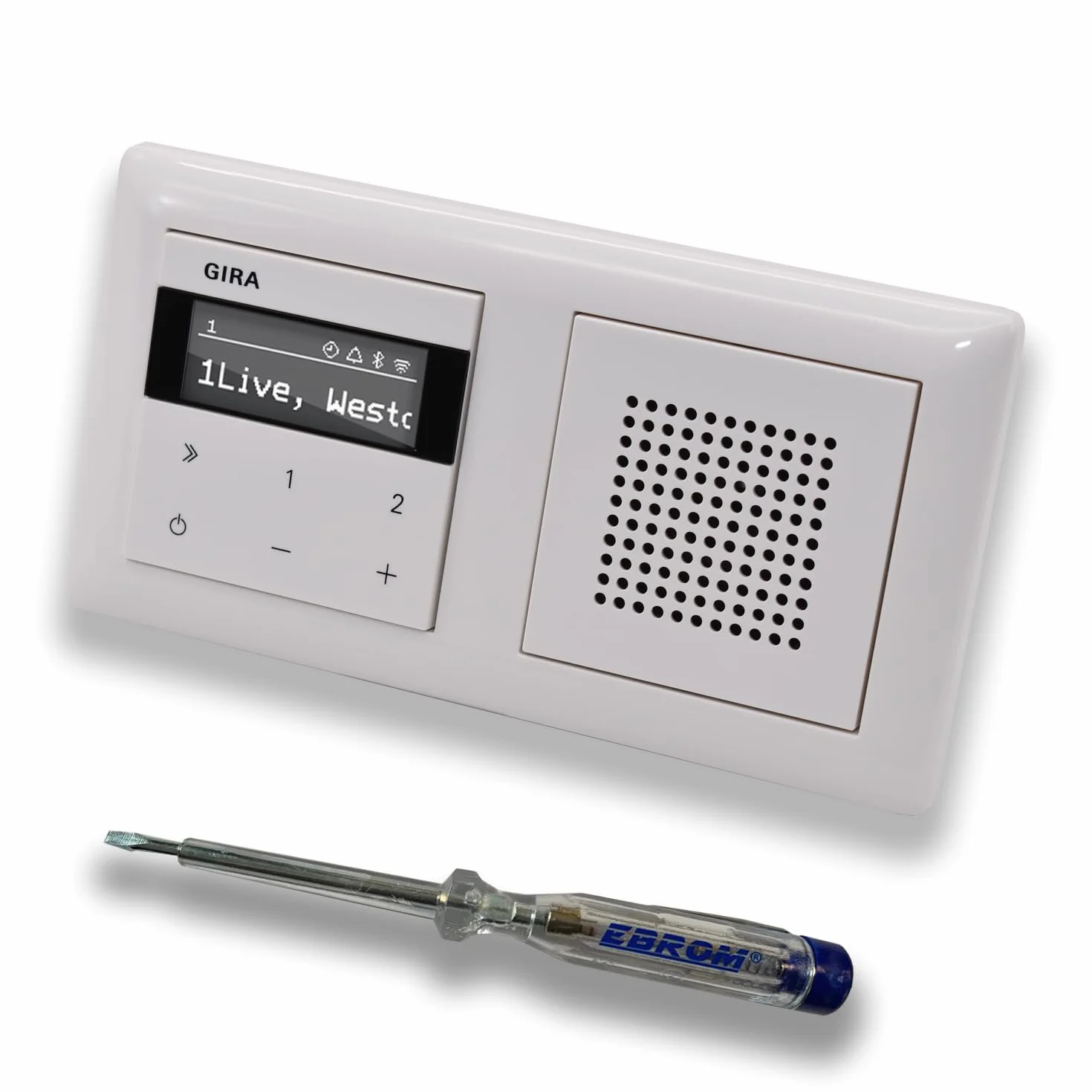 Gira Unterputz IP Internetradio 232003 + Bluetooth Komplett-Set mit Lautsprecher - System 55 - reinweiß glänzend mit 2fach Rahmen Gira 021203 inkl. EBROM Phasenprüfer zur Montage der Geräte