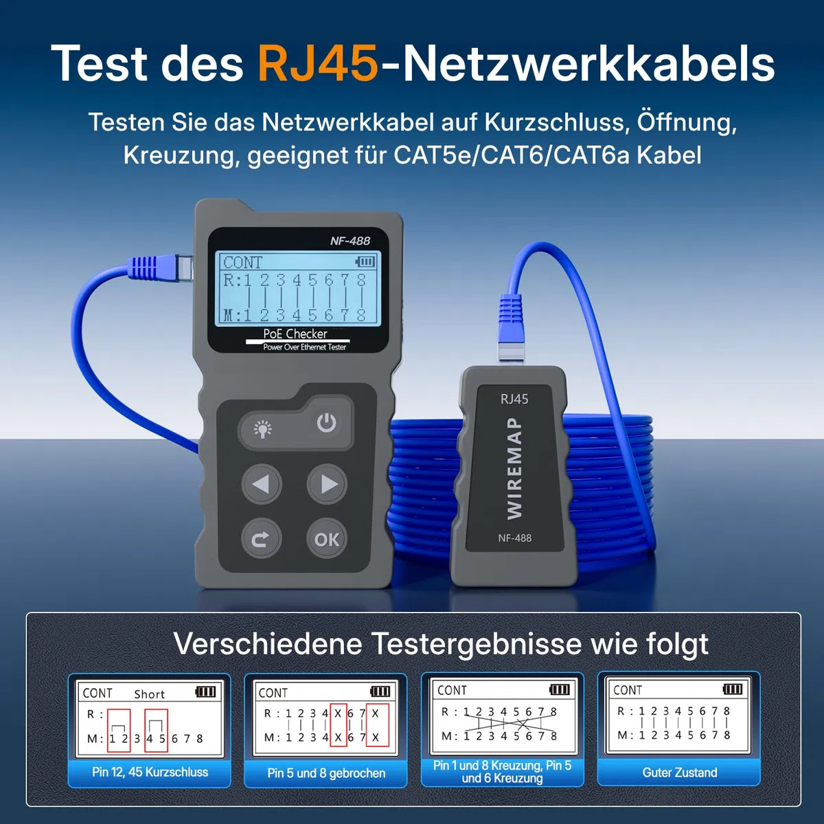 Mcbazel Netzwerk RJ45 Tester mit LCD Display, Netzwerk Kabeltester mit POE-Funktion