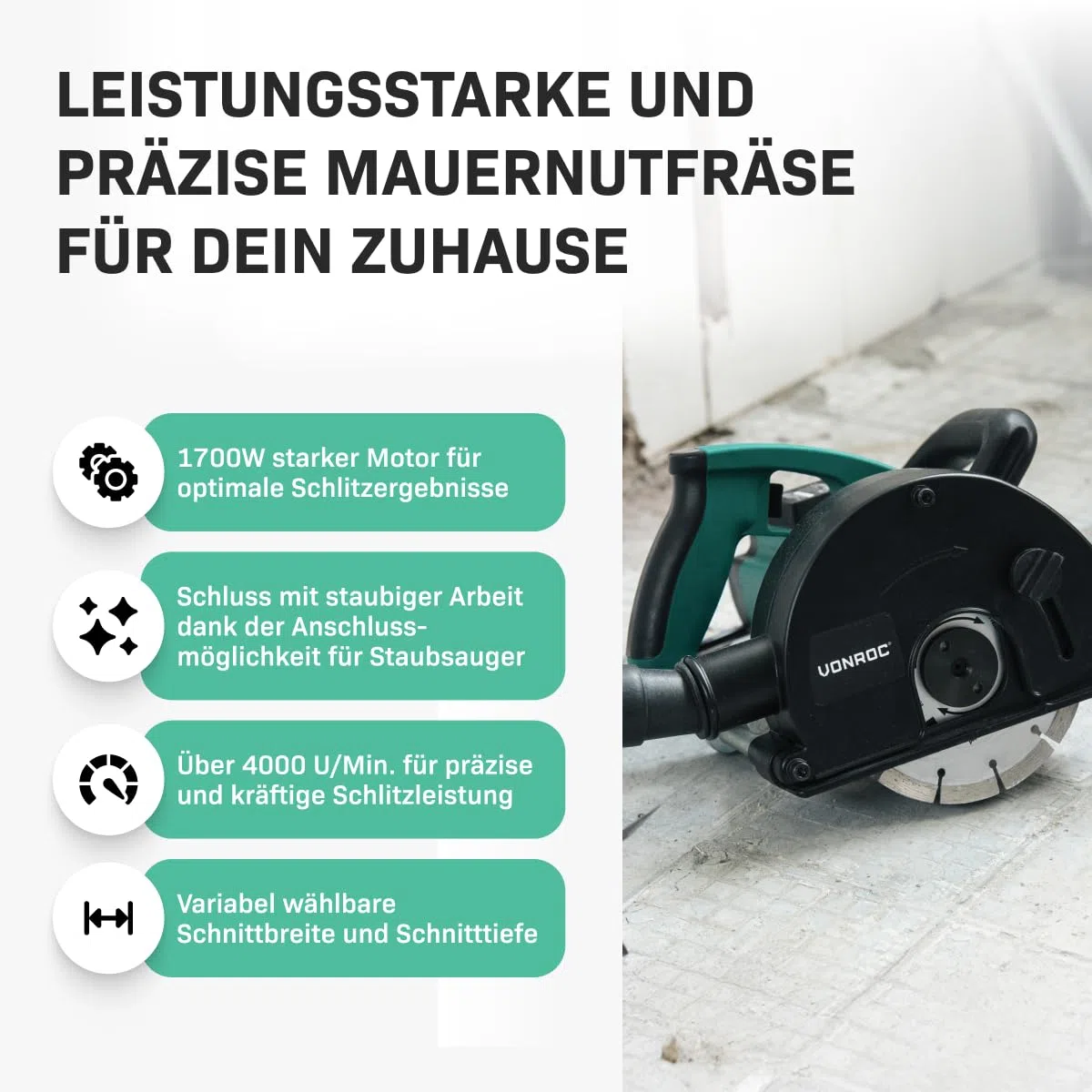 VONROC Mauernutfräse mit Absaugung [1700W] - Schlitzfräse Nutfräser für Kabelnut [14/19/29mm] - Schlitzmaschine 150mm mit Schnittiefe [4-40mm] inklusive 2 Diamantscheiben