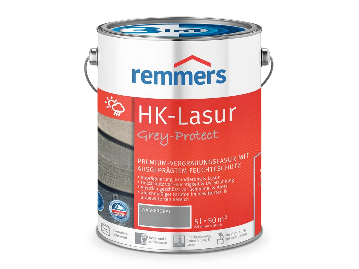 Remmers HK-Lasur 3in1 Grey-Protect wassergrau, 5 Liter, Holzlasur für Vergrauung außen, 3 Holzschutz Produkte in einem, Feuchtigkeit- und UV-Schutz