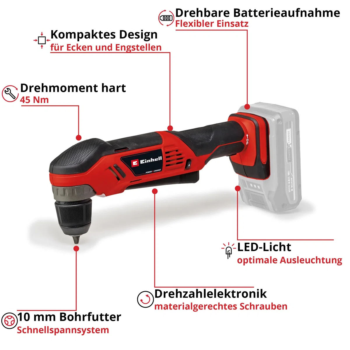 Einhell Akku-Winkelbohrmaschine TE-AD 18 Li-Solo Power X-Change (18 V, 45 Nm, 10 mm Schnellspannbohrfutter, LED-Licht, drehbare Batterieaufnahme, ohne Akku)