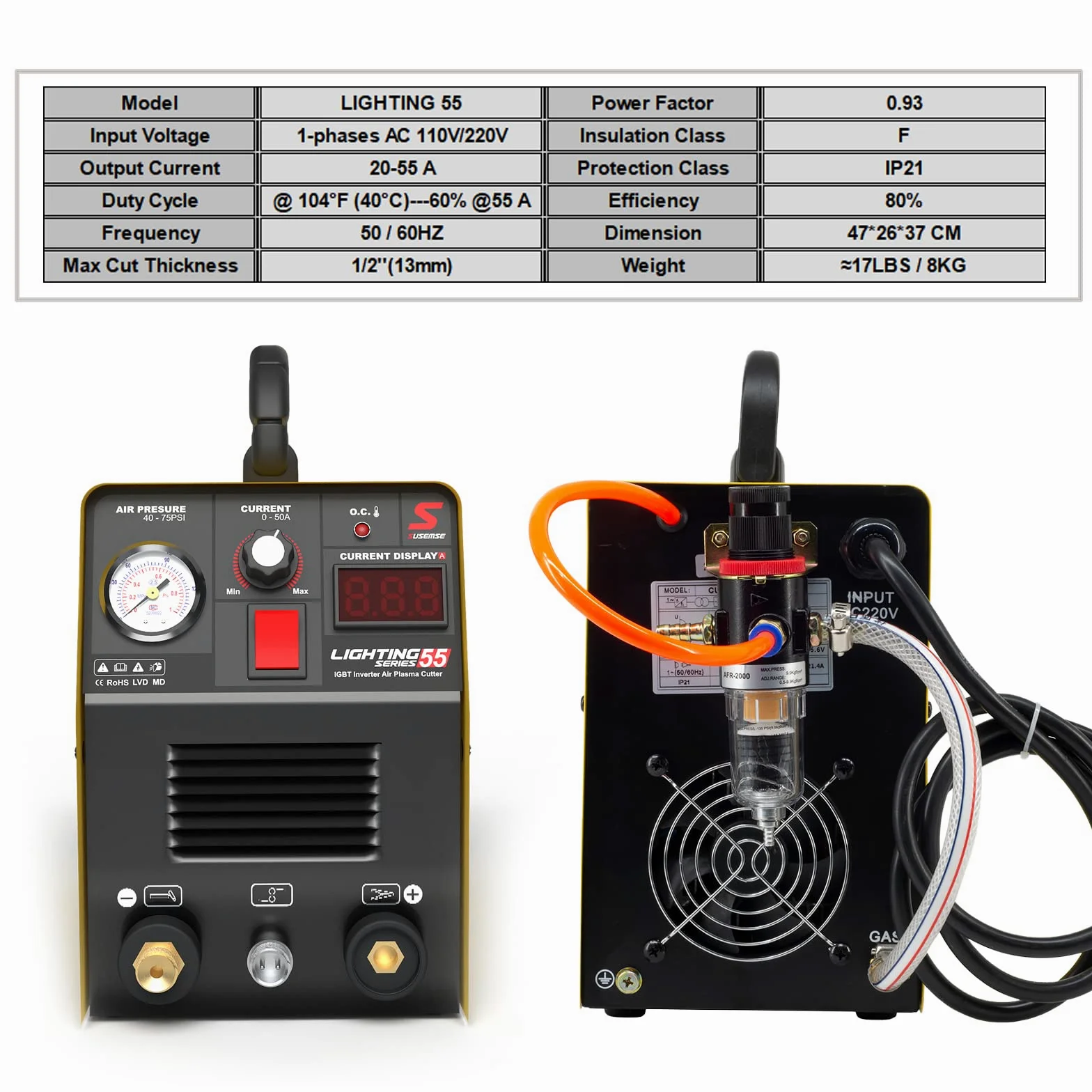 SUSEMSE Plasmaschneider 55 Ampere IGBT Inverter Plasma Cutter CUT55 Plasma Schweißgerät (DC, 230V, Schneidstrom 20-55A, Schneidleistung max bis 14mm) - mit Plasmabrenner und Plasma Düsen Set