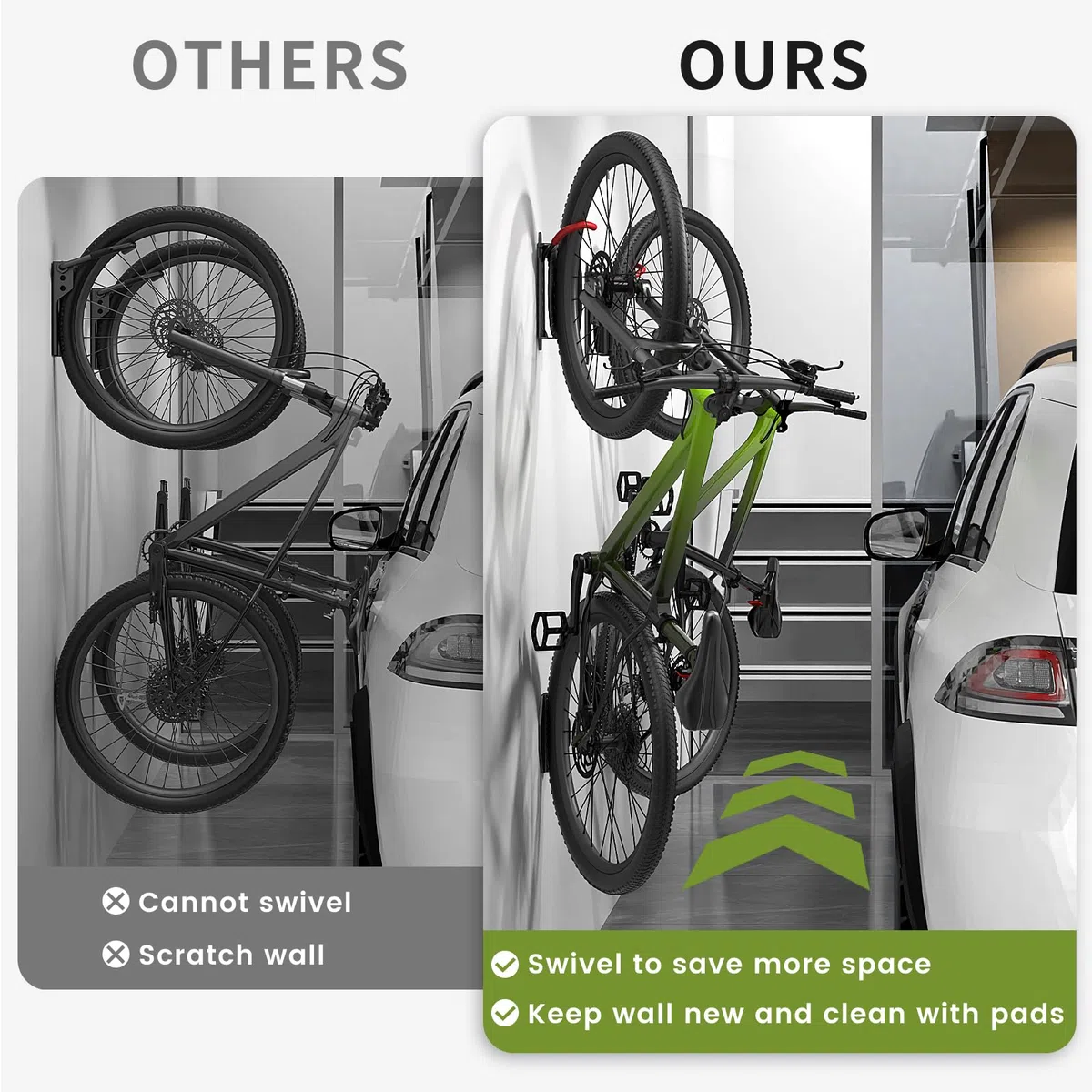 Housolution Drehbare Fahrrad-Wandhalterung, Vertikaler Fahrradaufhänger für die Garage, Mountainbike-Wandhalterungen, Fahrrad-Aufbewahrungsständer für die Garage, hält bis zu 66lbs (4 Stück)