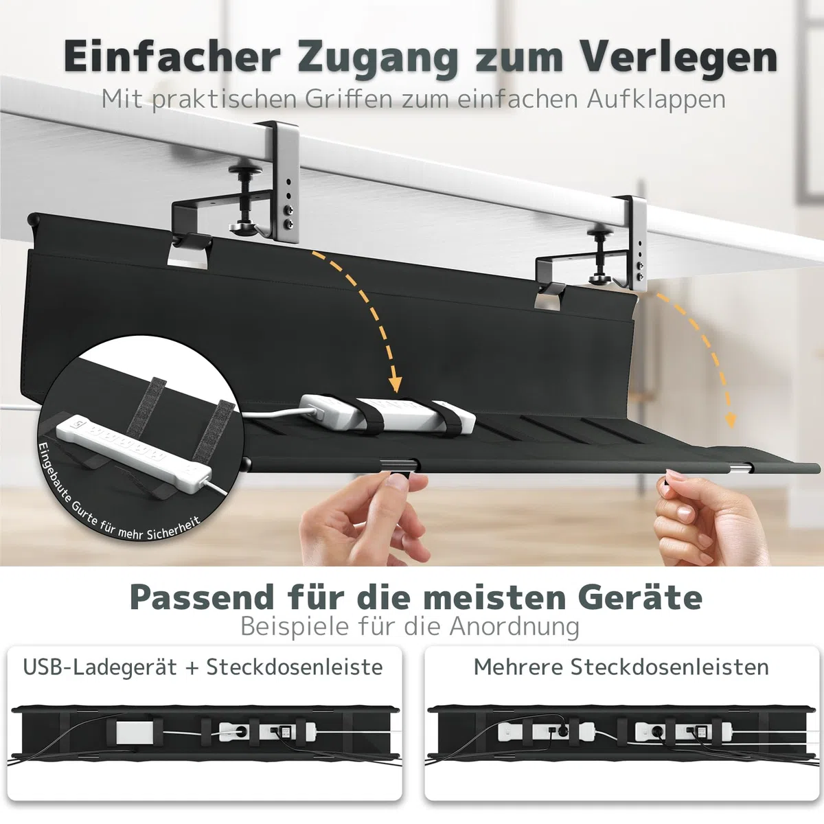 Kabelkanal Schreibtisch Ohne Bohren, 90cm Unter dem Kabelmanagement Schreibtisch mit Klemmen/Schraubmontage, Stabiler & Wasserdichter Stoff-Kabelorganizer für Zuhause und Büro, Schwarz