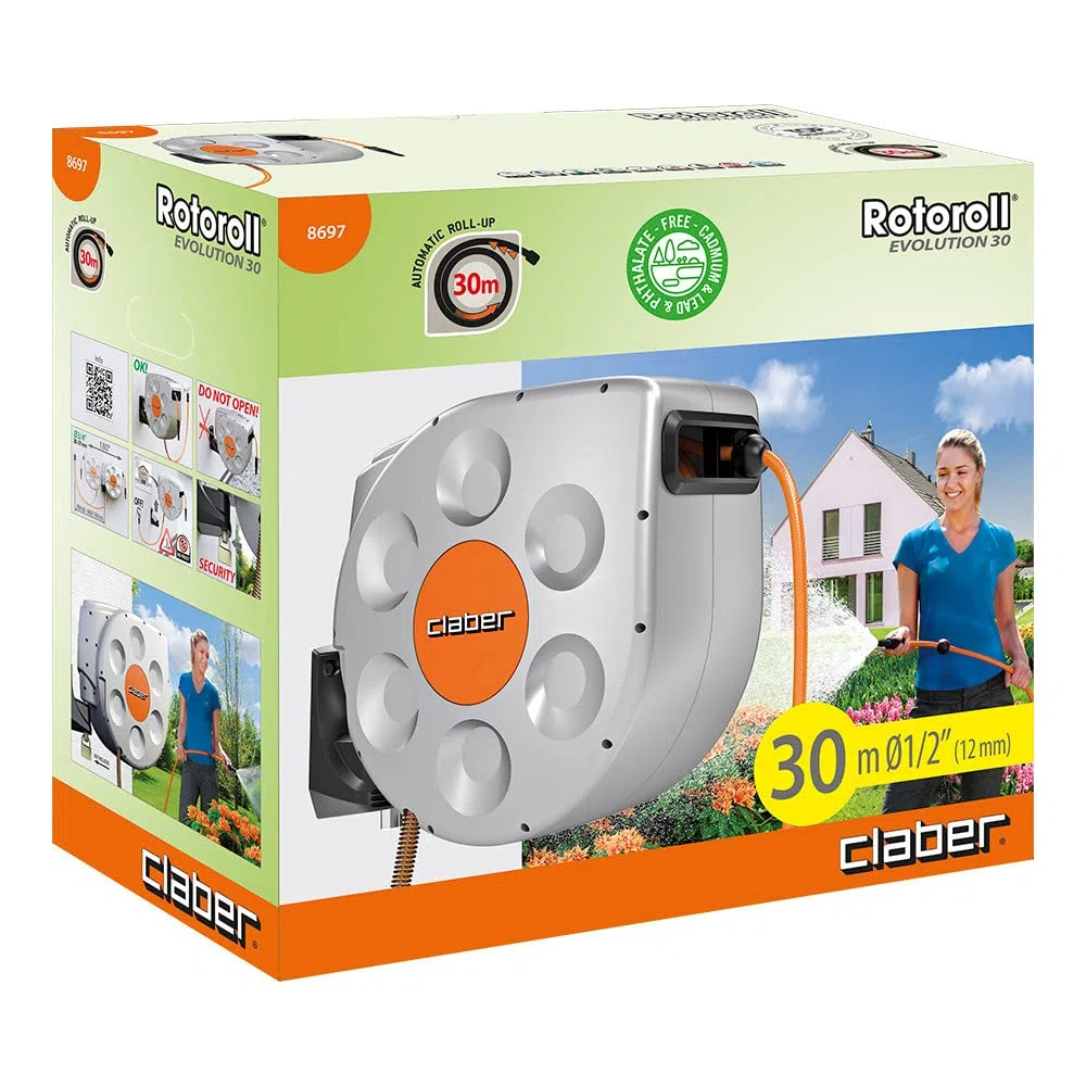 Claber Rotoroll Evolution 30 m, Automatische Schlauchtrommel der Wand Aufhängbar mit Slow Rewind