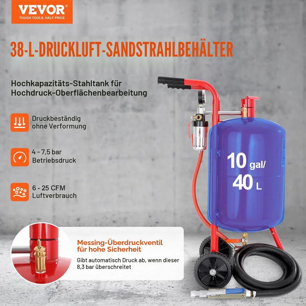 VEVOR Sandstrahlen, 40 L Sandstrahlmaschine, 60-125 PSI Mobiler Sandstrahler mit Zubehör, 2,4 mm, 2,7 mm, 3,2 mm, 3,6 mm Keramikdüsen Sandstrahlerrohr, 2,5 m Schlauchlänge Siphon-Schleifeinheiten
