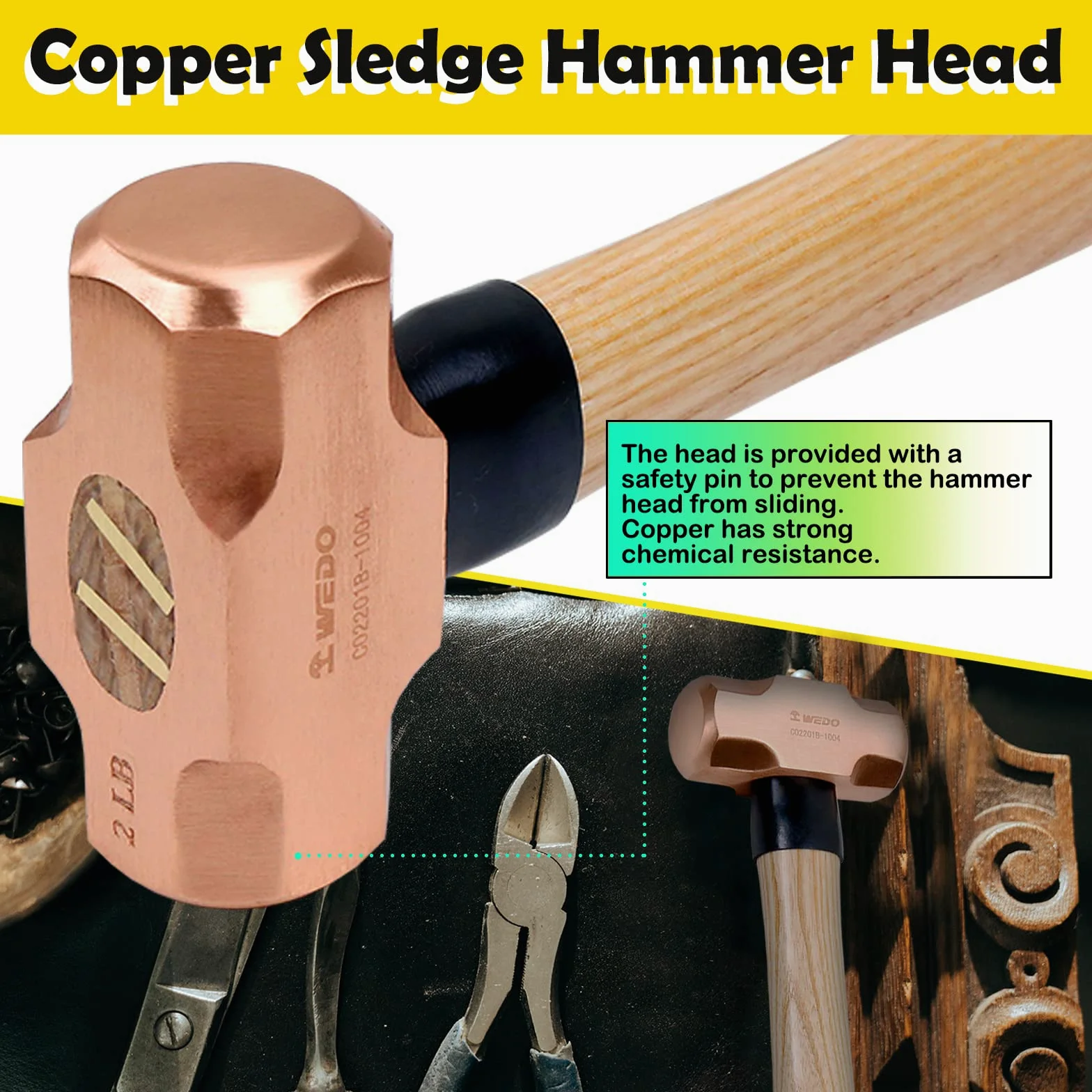 WEDO Kupferhammer,450g Kopfgewicht,310mm Länge, mit Holzgriff, langer gerader Griff, verstärkte Kopf-Griff-Verbindung, für Gartenarbeit und Bauwesen