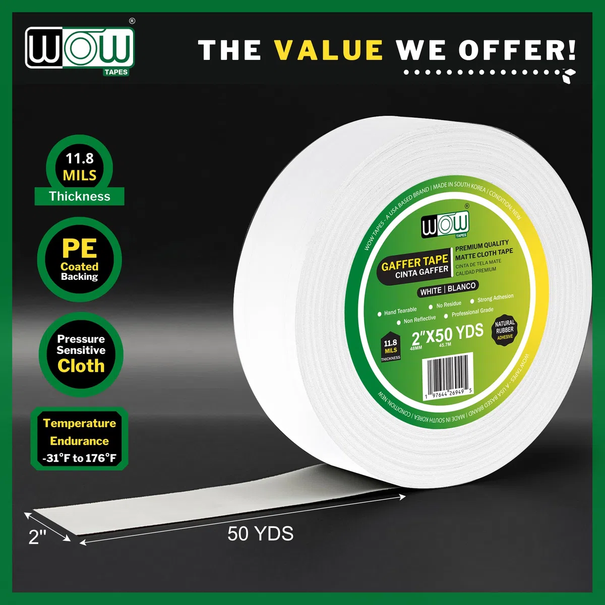 Wow 6 Rollen Gaffers-Klebeband, 5,1 cm – 45,2 m, rückstandsfrei, nicht reflektierend und robust, weiß, professionelle Qualität, ideal für Fotohintergründe, Kabel