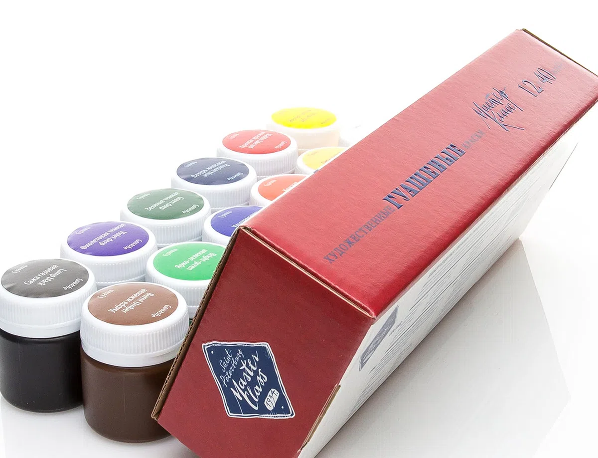 Nevskaya Palitra Profi Gouache Farben Set - 12 x 40 ml Näpfchen - feine Gouache Malerei, Master Class - Hochwertige Farben