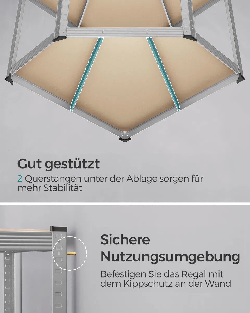 SONGMICS Eckregal-Set 5 Ebenen, Schwerlastregal, Metall, Lagerregal für Garage, Abstellraum, Kellerregal, bis 2625 kg belastbar, silbern-naturbeige GLR070E03