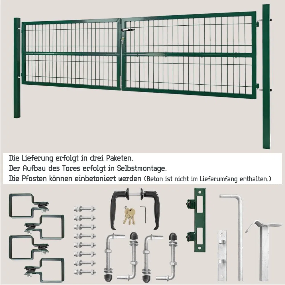 Gartentor Tor 300 x 80 cm Gartenzaun Zaun Doppelflügelig Gartentür aus Metall für Stabmattenzaun Abschließbar inkl. Pfosten Grün V2Aox