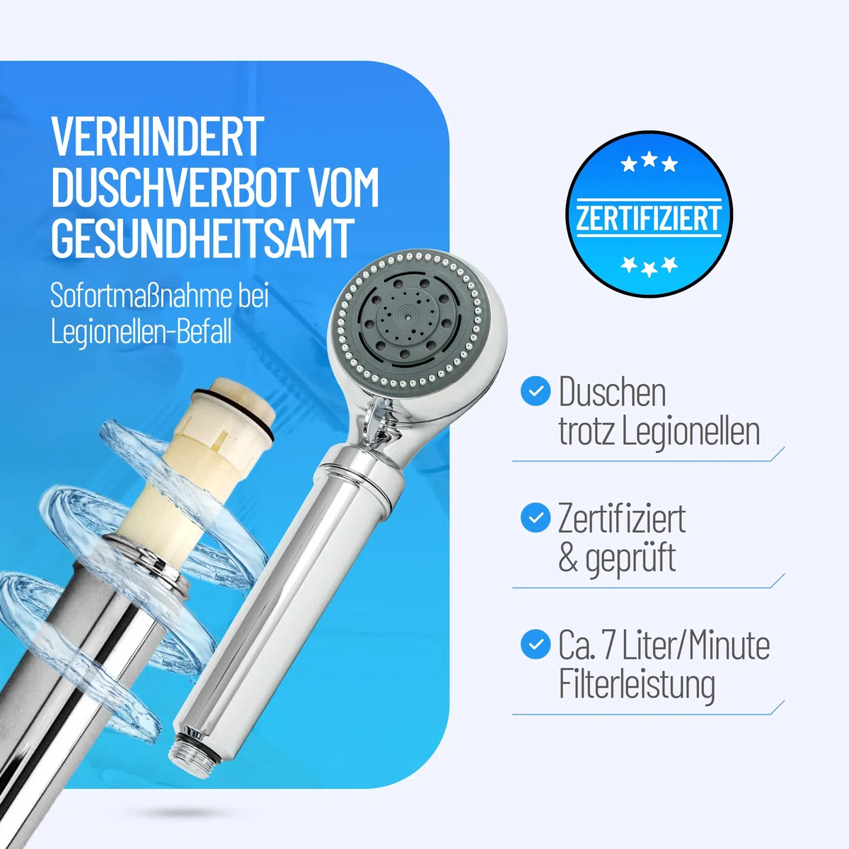 Legionellenfilter Duschkopf Safety Chrom | Medizintechnik | Zertifiziert | Sofortschutz | Diskret | Hochwertig