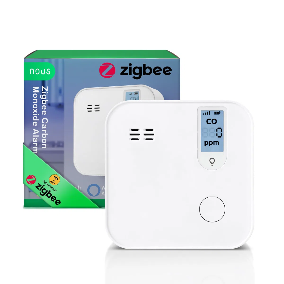 NOUS E12 ZigBee Kohlenmonoxidmelder mit LCD-Anzeige, 85 dB Alarm, App-Benachrichtigung, 10 Jahre Sensordauer, kompatibel mit Alexa & Google Home