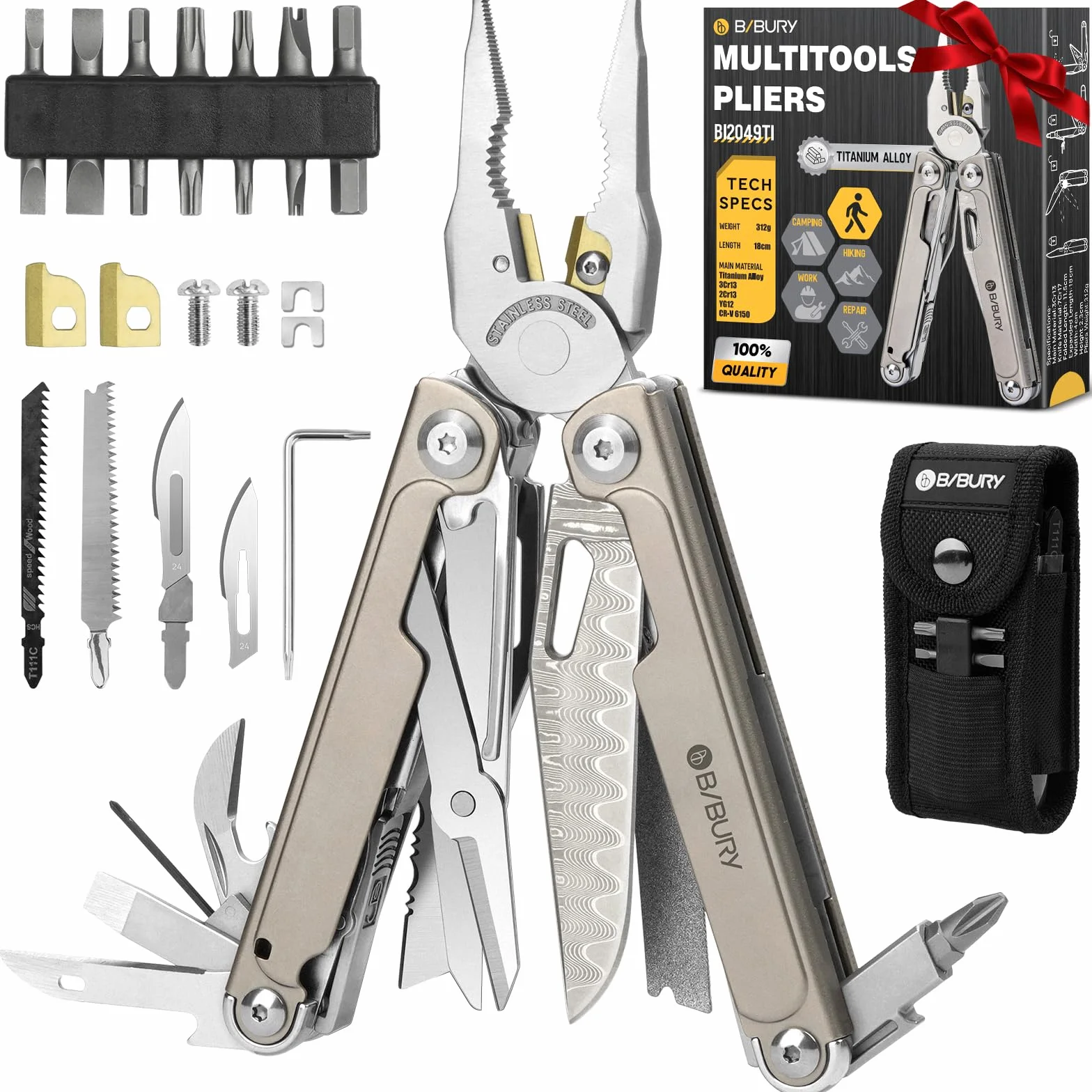 BIBURY Multitool Titan & Damast Messer - Multifunktionswerkzeug mit Zange, Schere, austauschbarer Säge & Bits - Profi EDC Taschenmesser Geschenke für Männer, Reparieren, Camping Zubehör BI2049TI