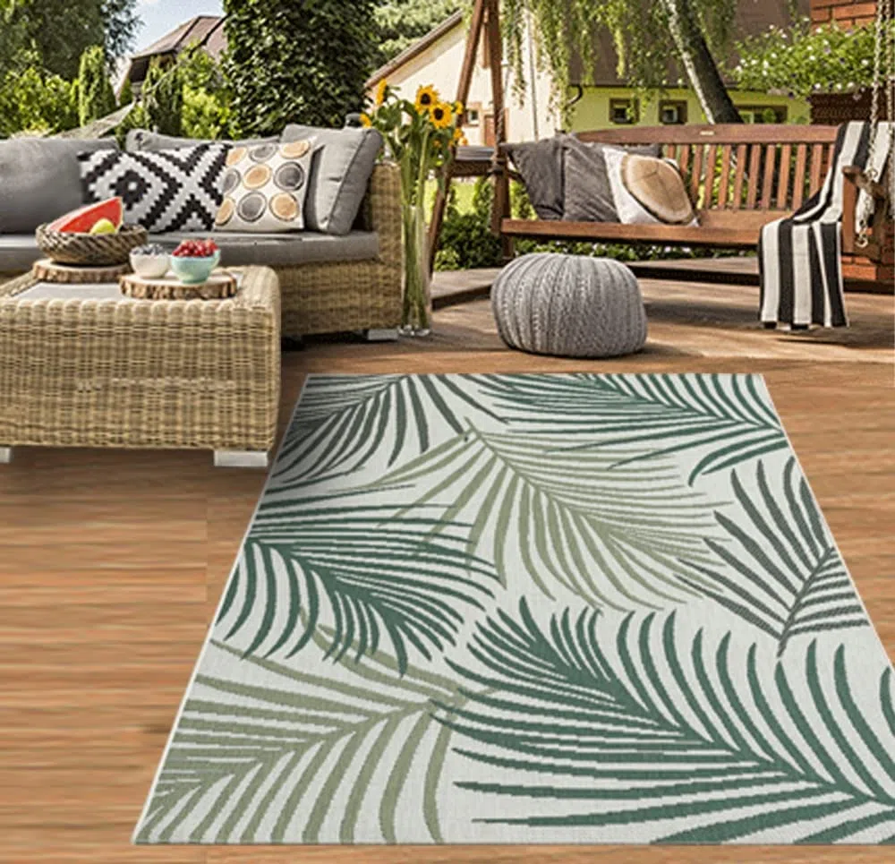 Teppich-Traum In- & Outdoor Teppich Sisal Optik Balkon Küche Wohnzimmer Terrasse Palmenzweige in grün auf sandfarbe Größe 200x280 cm