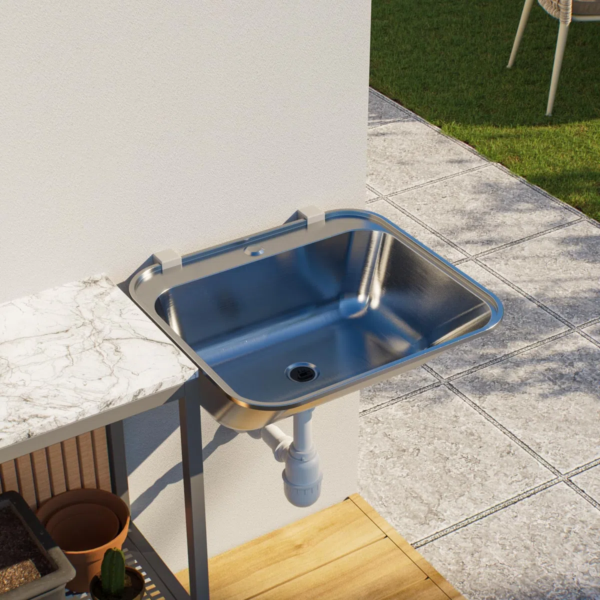 Ausgussbecken Waschbecken Spülbecken Waschtrog draußen Edelstahl Garten Garage Keller Waschküche Werkstatt Waschraum