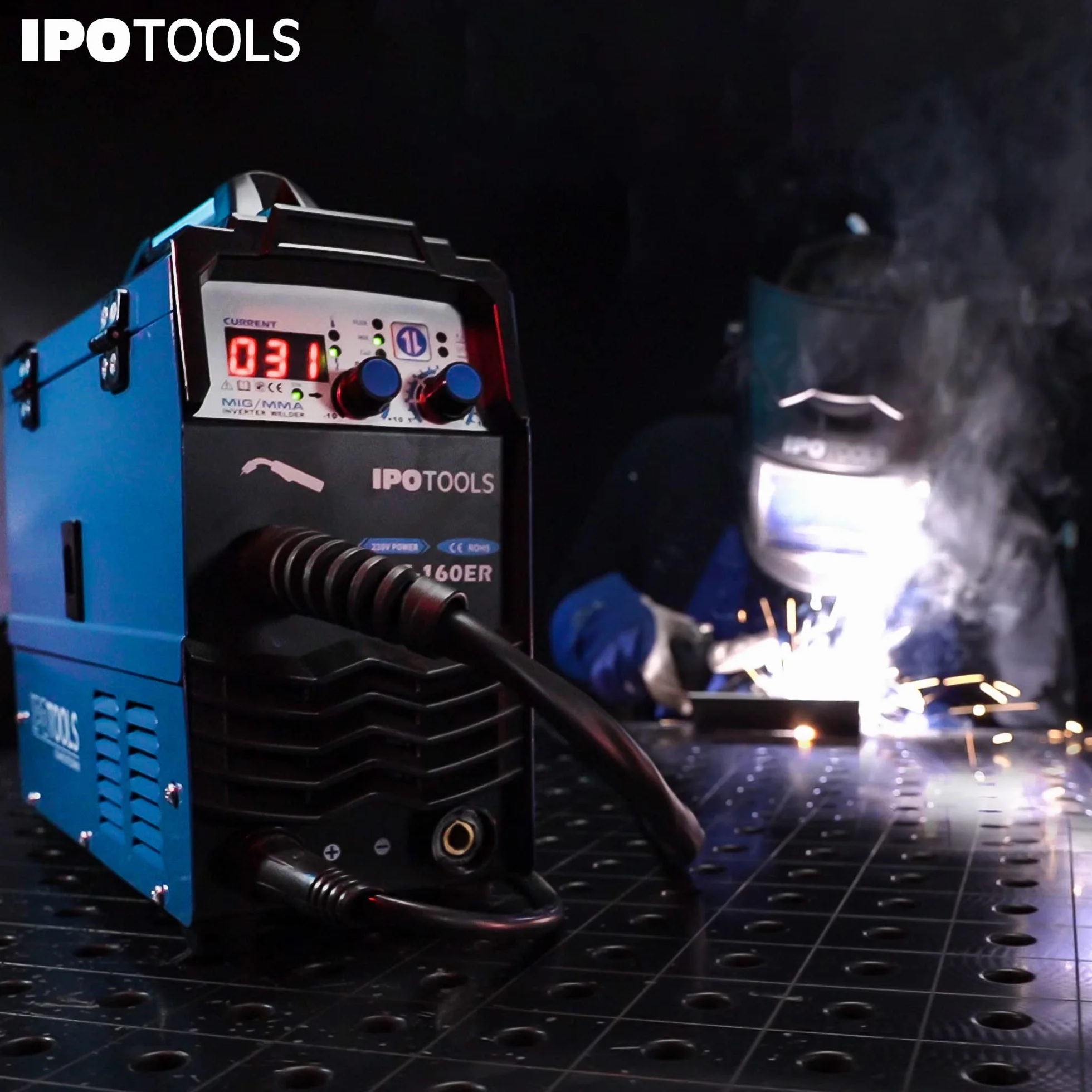 IPOTOOLS MIG-160ER Inverter Schweißgerät MIG MAG - Schutzgas Schweissgerät mit 160 Ampere auch FLUX/Fülldraht und Elektroden geeignet/E-Hand/Digitalanzeige/IGBT / 230V / 7 Jahre Garantie