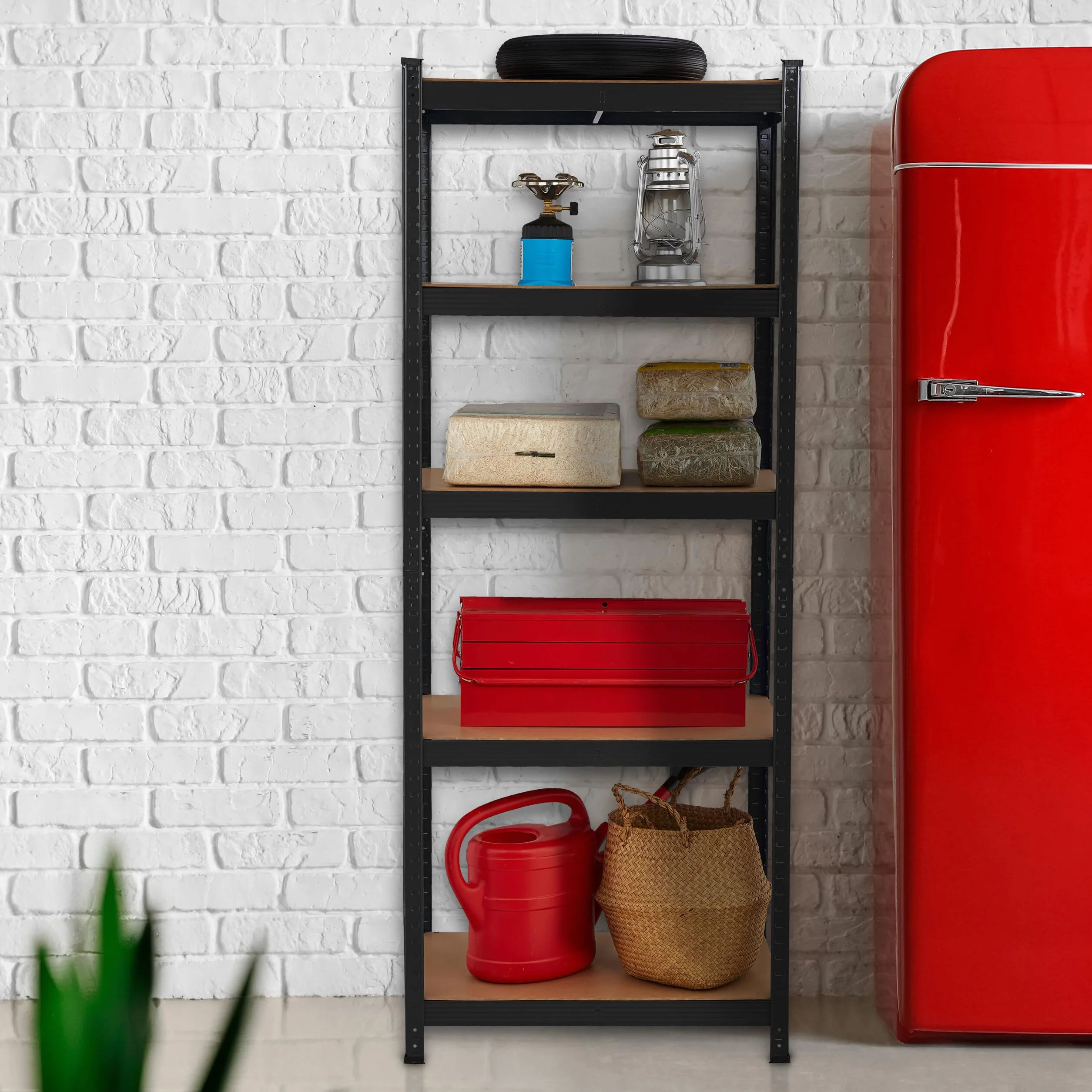 Relaxdays Schwerlastregal, HBT: 180 x 70 x 45 cm, 500 kg, Stahl & MDF, 5 Ebenen, Lagerregal zum Stecken, Garage, schwarz