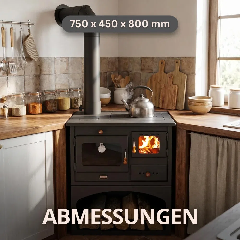 Prity 1P34 Holzofen mit Backofen, linksöffnend, Türscharnier links, Gusseisen-Oberseite, CE-zertifiziert, Festbrennstoffkocher