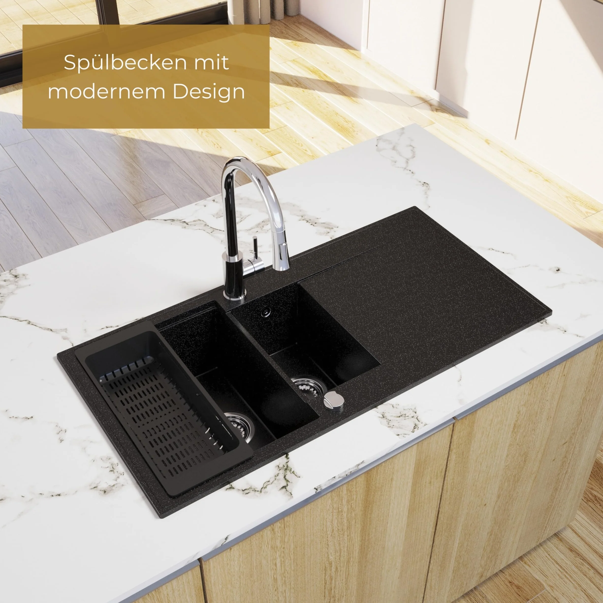 SINK QUALITY Spülbecken beige 100x50 cm, Granitspüle 1,5 Becken, Spüle mit Siphon und Imprägniermittel, Küchenspüle ab 60er Unterschrank