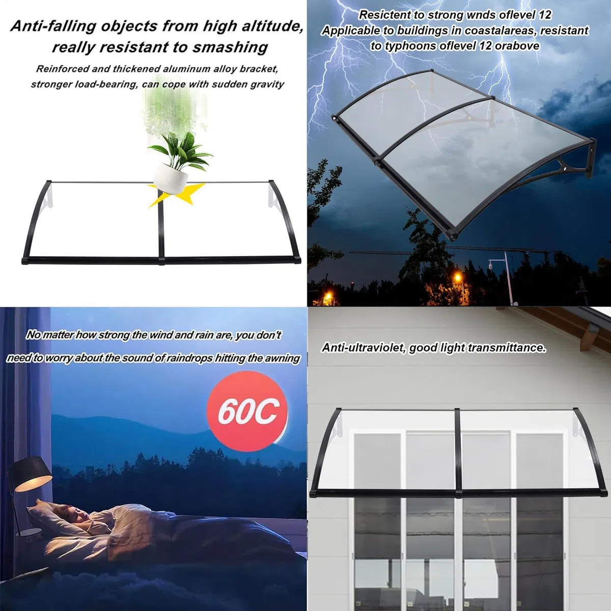 Markise Für Tür Eingang Außenfenster Markisen Mit Gebogenen Stützen | Über Tür Markise Mit Aluminiumlegierung Halterung Und Polycarbonat Platte Für Terrasse Garten Wohnwagen