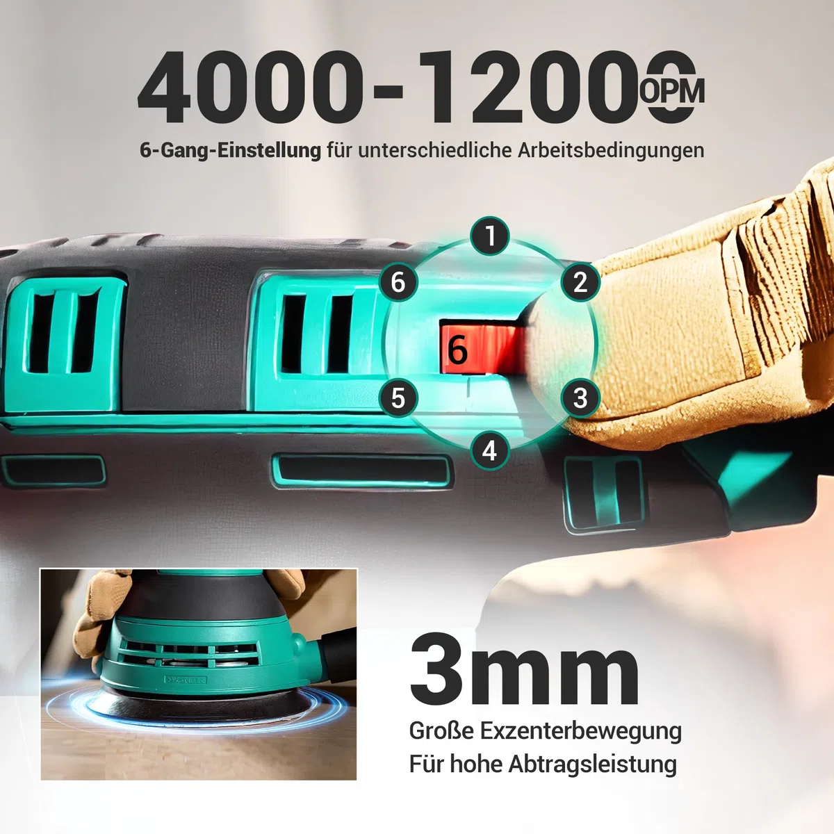 DCA Exzenterschleifer 300W, 125MM Schleifmaschine mit 6 Geschwindigkeiten, Max.12000 U/min, 0.3L Staubfangbehälter und Aubgeschützter Schalter, 10 Schleifpapier für Schleifen, Polieren von Holz, DIY