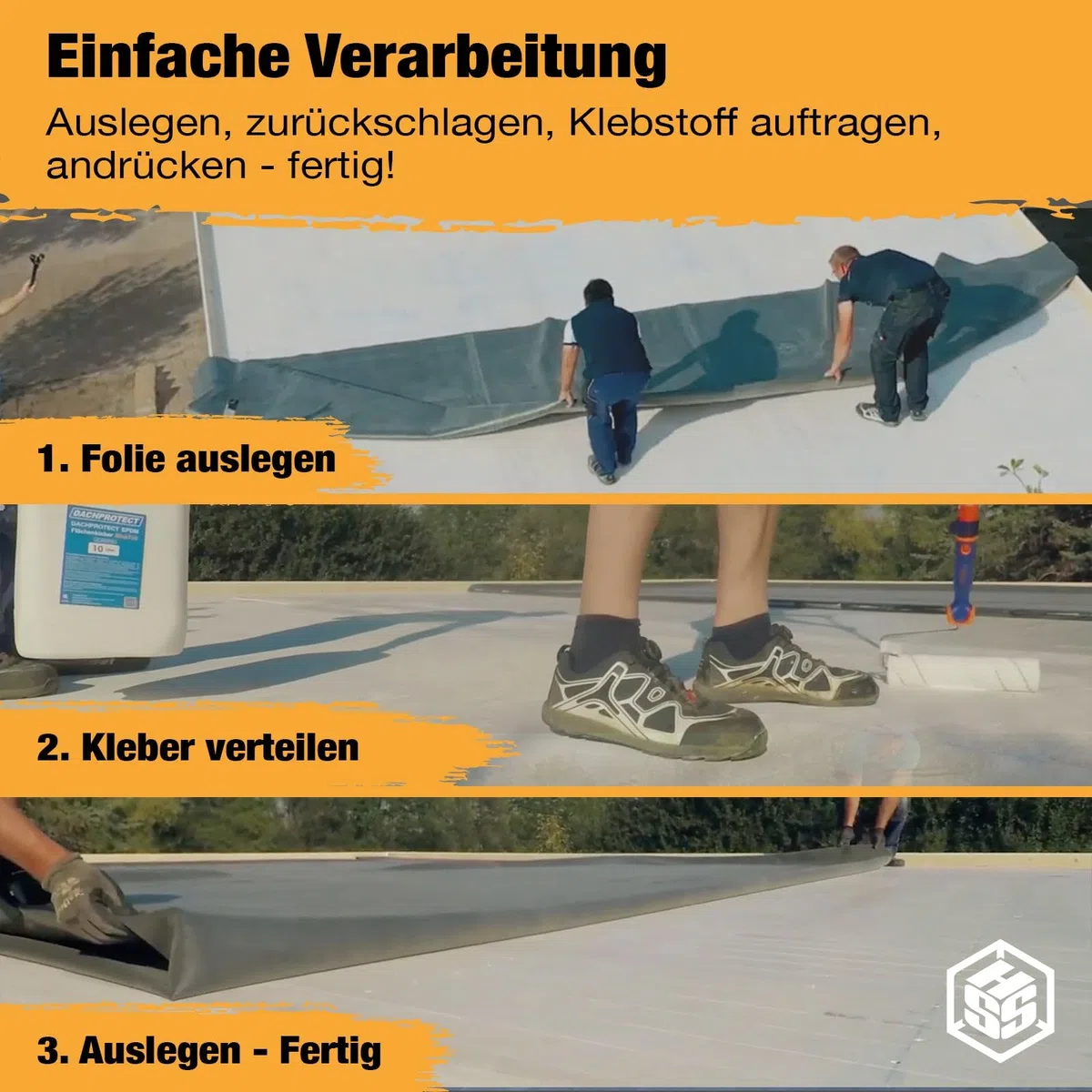 EPDM Folie Sparset – Komplette Dachabdichtung inkl. Flächenkleber & Kurzflorwalze – 1,2 mm EPDM Dachfolie für Gartenhaus, Carport, Garage & mehr – UV-beständig & Wasserdicht – 3,55m x 8,5m