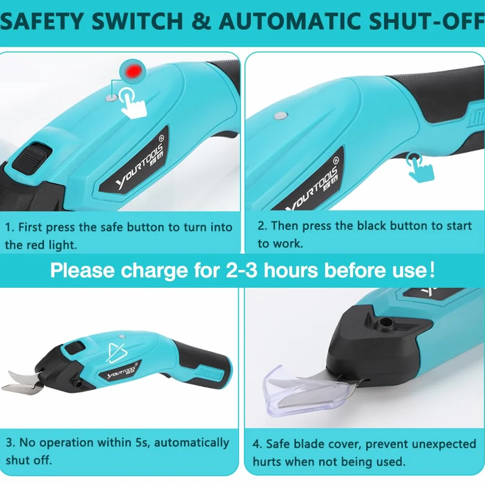 Kabellose Elektrische Schere 4.0V Stoff-und Kartonschneider mit Sicherheitsschloss, 2 Schneidköpfen, Multi-Cutter Wiederaufladbar Elektrischer Schneider Teppichschneider