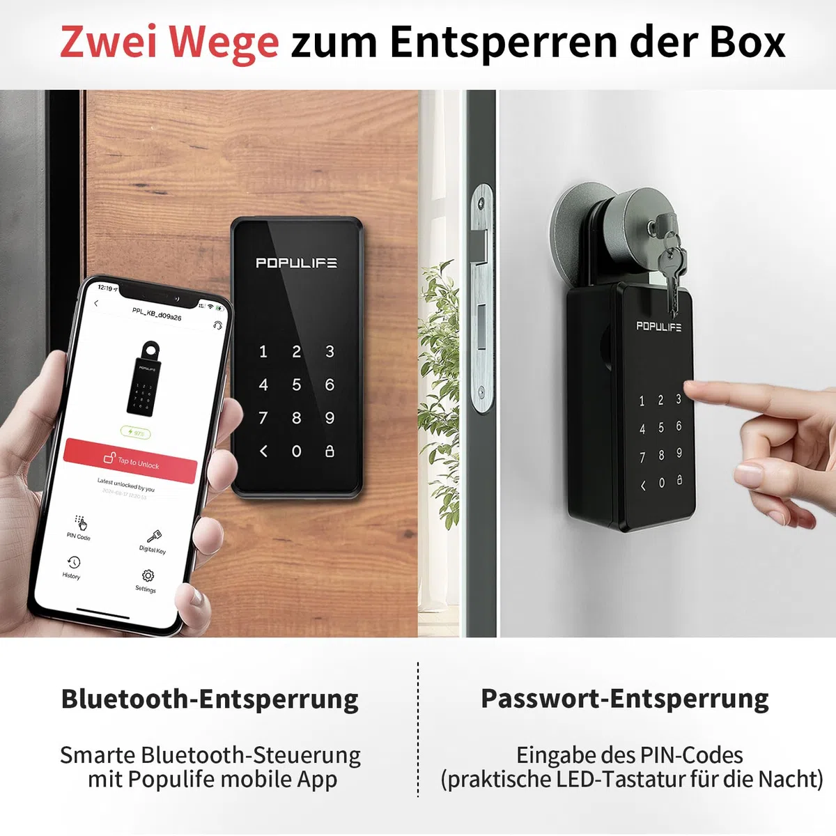 Populife WiFi-Schlüsseltresor mit Gateway, IP66 Wasserdicht, Fernsteuerung, Wandmontierung