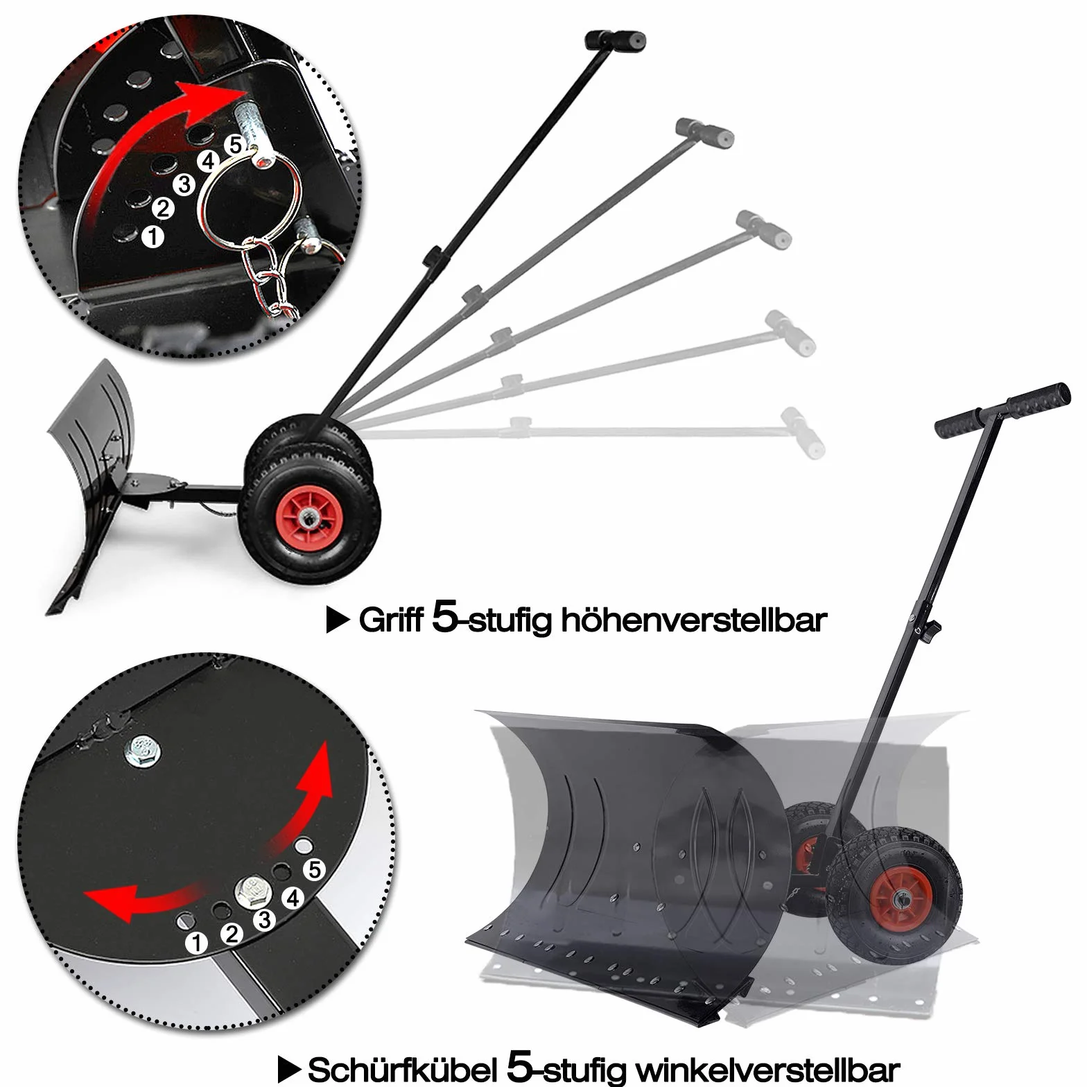 XMTECH Schneeschaufel mit Rädern Höhenverstellbar 5-Fach Schneeschieber Schneeräumen Schneeschild 74cm extra-Breiten Kunststoffblatt