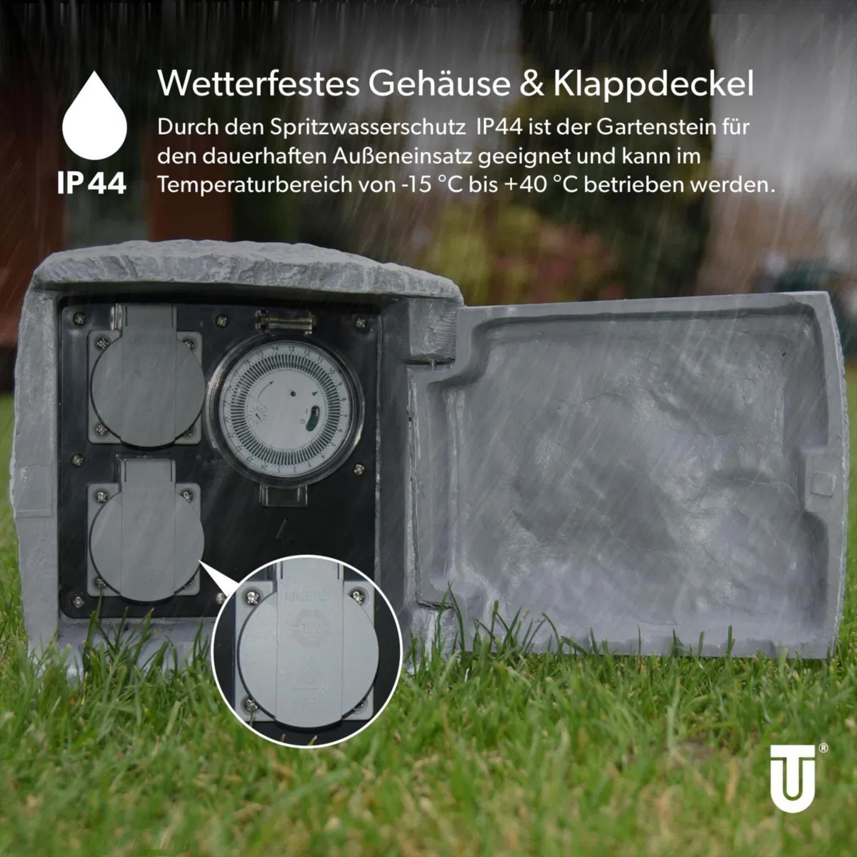 UNITEC Steckdosenverteiler Garten Steinoptik IP44 2 Steckdosen Würfel ZSU