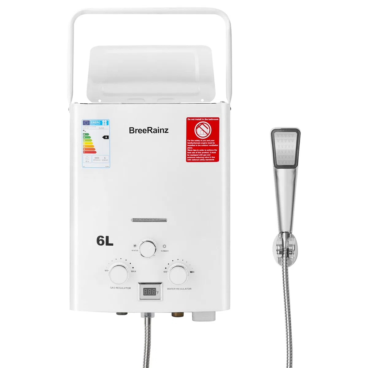 LPG Propan Butan Gas Durchlauferhitzer 6L 12KW, Gasdurchlauferhitzer mit Tragbarem Griff für Outdoor, Wohnmobil, Camping und Kabine, Weiß