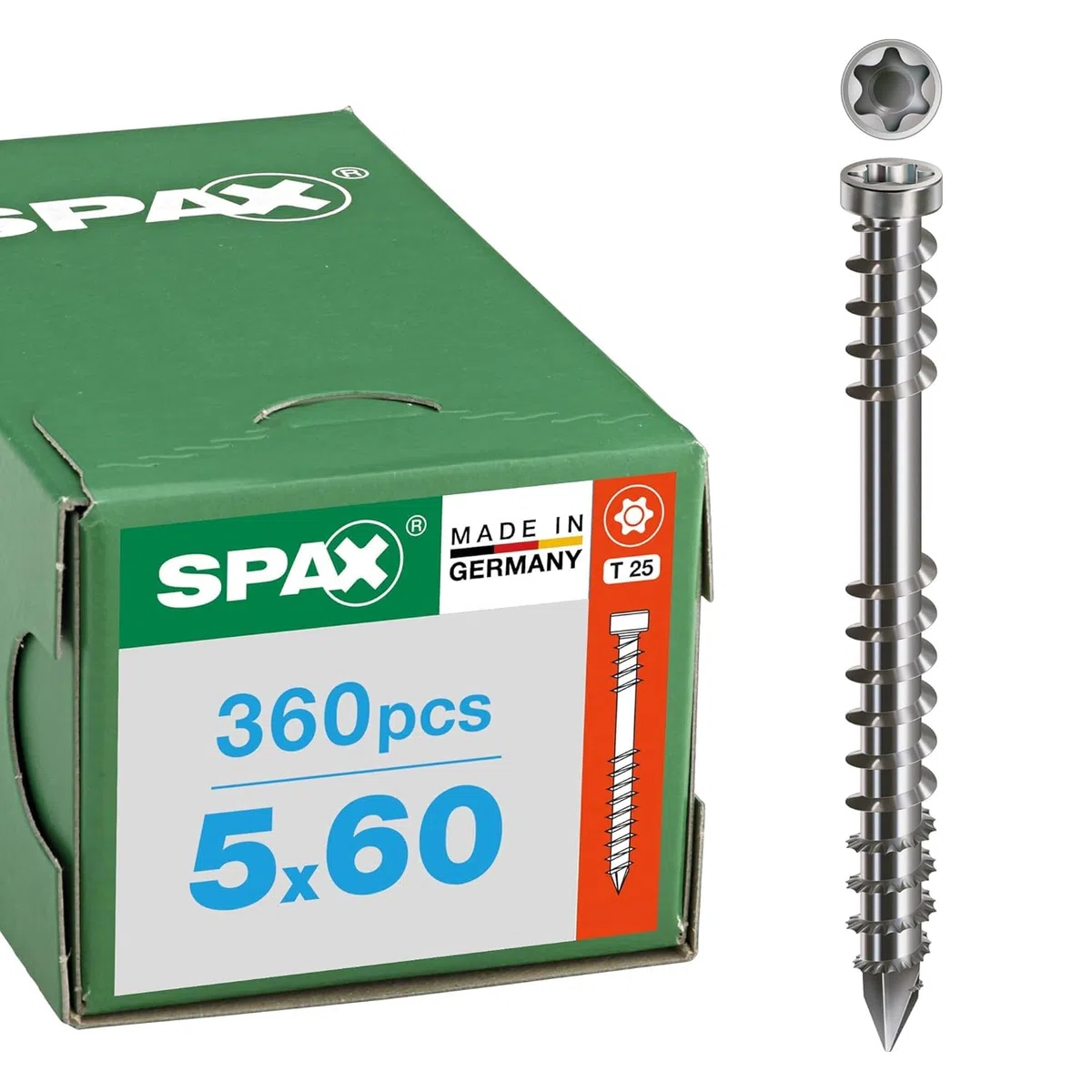 SPAX Terassenschraube 5 x 60 mm, 360 Stück - Schrauben, Fixiergewinde, Zylinderkopf, T-STAR plus T25, CUT-Spitze, rostfreier Edelstahl A2-8000000276613