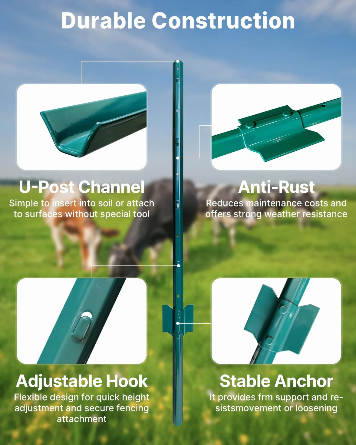 ARIFARO Zaunpfosten 152cm Robuste Metallpfosten, Packung mit 10, Kein Graben Garten U-Pfosten für Drahtzaun Stahlpfosten für Hof, Outdoor-Draht