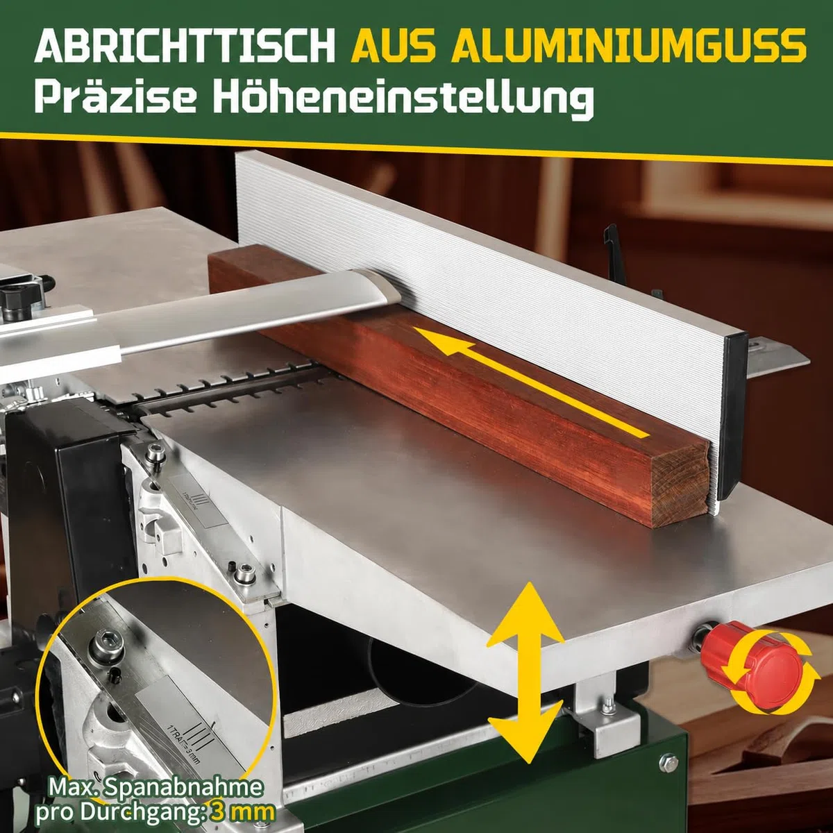 PT260A Hobelmaschine, Abricht- & Dickenhobelmaschine, 2200 W, 260 mm Hobelbreite, 160 mm Durchlasshöhe, 6500 U/min, 3 mm Spanabnahme, Abrichtanschlag, kompakt & mobil