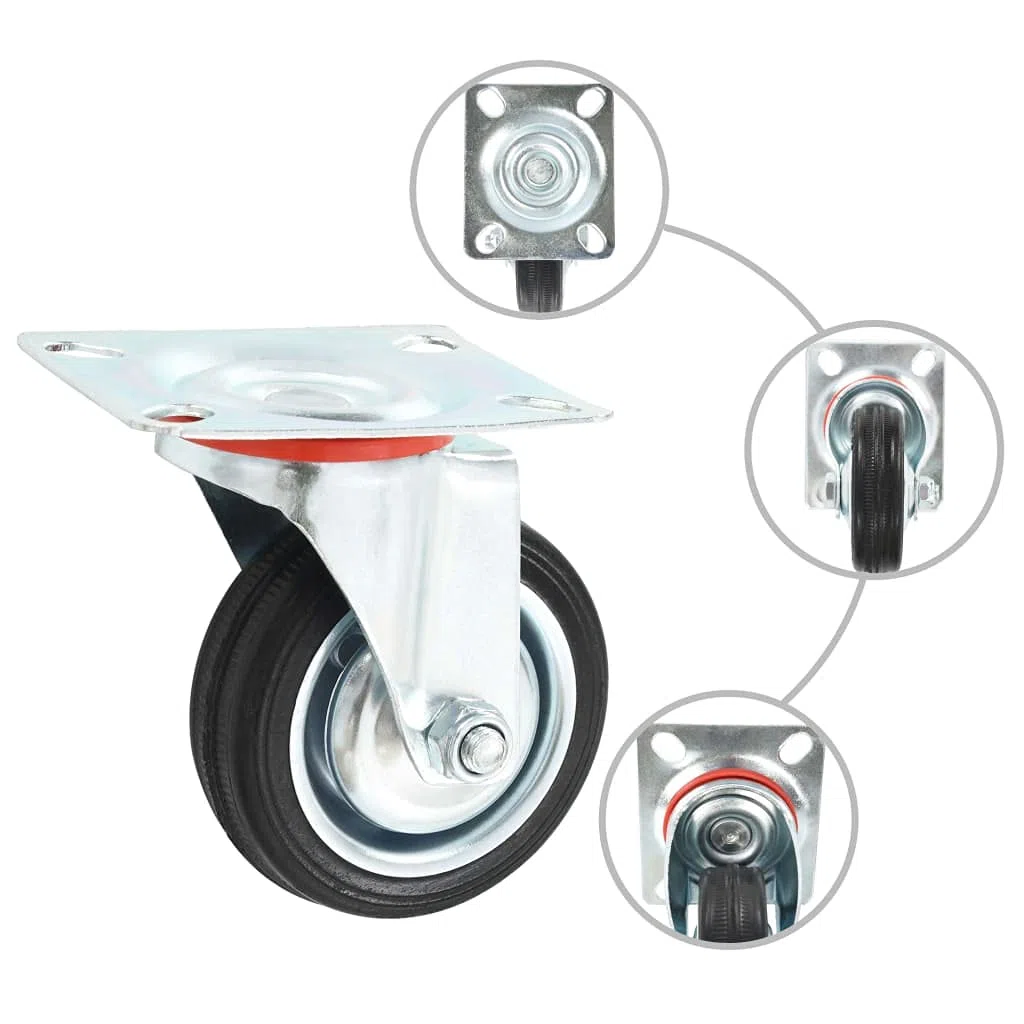 Lenkrollen Set 4 Stk 75 mm aus Gummi und Eisen mit Zinkbeschichtung, leise laufende Möbelrollen mit Doppelbremsen, 50 kg je Rolle für Werkbank Wagen Regal und Pflanzenständer