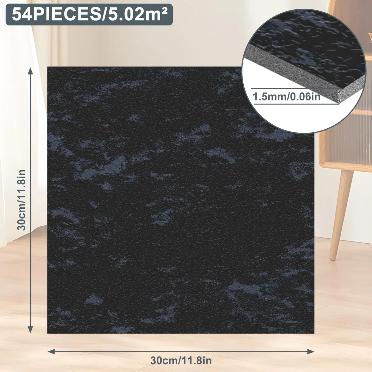 54 Stück 5,02 m² PVC Bodenbelag Vinylboden Selbstklebend Fliesen Vinyl Klebefliesen Bodenfliesen Fliesenaufkleber Rutschfest Wasserfest für Wohnzimmer Küche Badezimmer - Marineblau