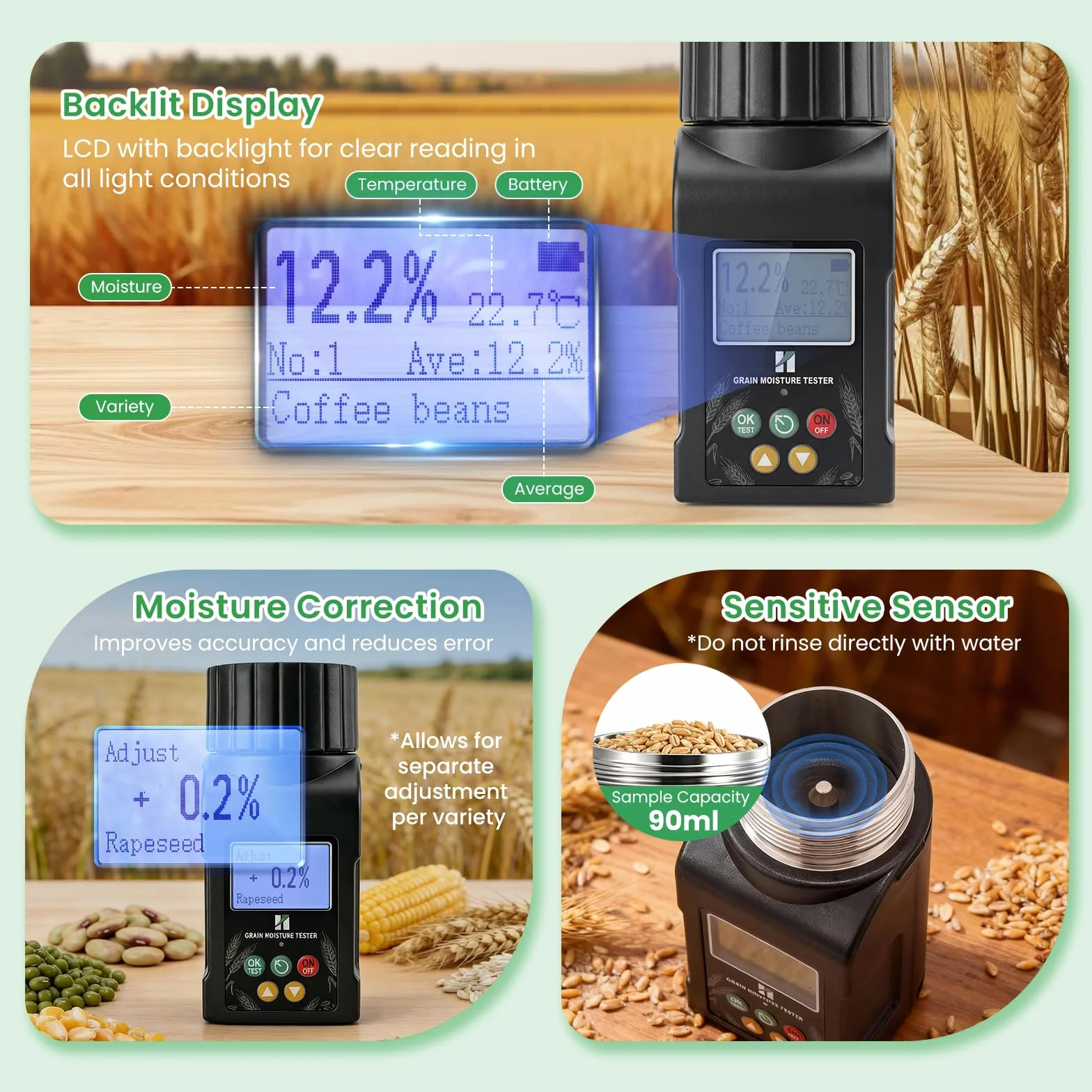 Huanyu Getreide Feuchtigkeitsmessgerät Grain Moisture Meter für 40 Sorten, ±0.5% Genauigkeit, Feuchtigkeitsmesser mit 14 Sprachen inkl. Deutsch, Temperaturkompensation, für Weizen, Rohkaffee und mehr