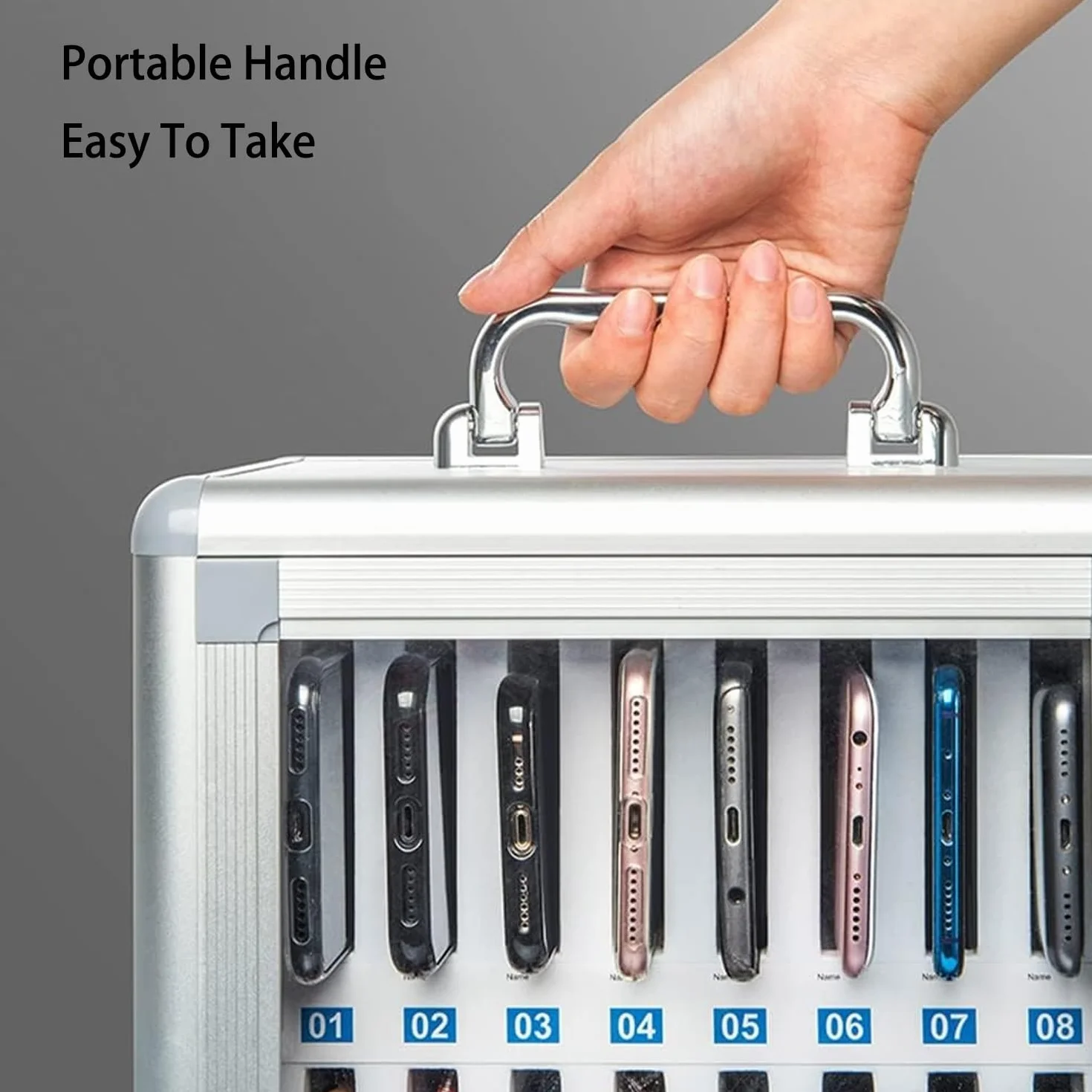 Handygarage für 24 Smartphones mit Lüftungslöchern | Handytresor zur sicheren Aufbewahrung | Handy Aufbewahrungsbox, silberfarbene Premium-Box mit verbesserter Kühlfunktion für Schule und Büro