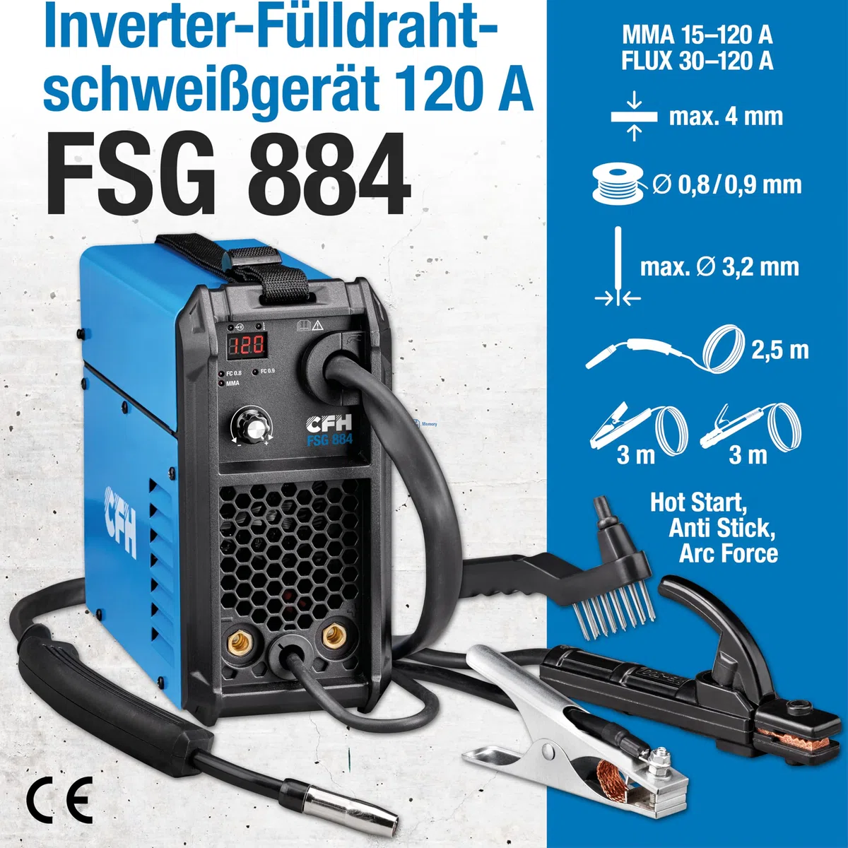 CFH Fülldrahtschweißgerät 120 A FSG 884 – MMA- & FLUX-Schweißgerät ohne Gas, mit Hot Start, Anti Stick & Arc Force, für Elektroden Ø 1,5–3,2 mm und Fülldraht Ø 0,8/0,9 mm, bis 4 mm Materialstärke