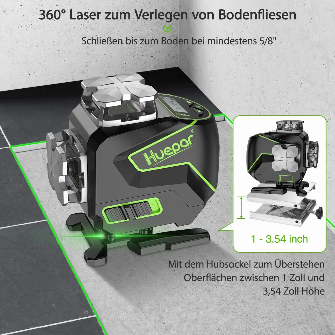 Huepar 16 Linien-selbstnivellierendes Laserniveau 4 x 360 ° mit LCD-Bildschirm, 4D Bluetooth Grüner Strahl Laserwerkzeug, Horizontal/Vertikal Laser -Fernbedienung & Hartschalenkoffer S04CG-C