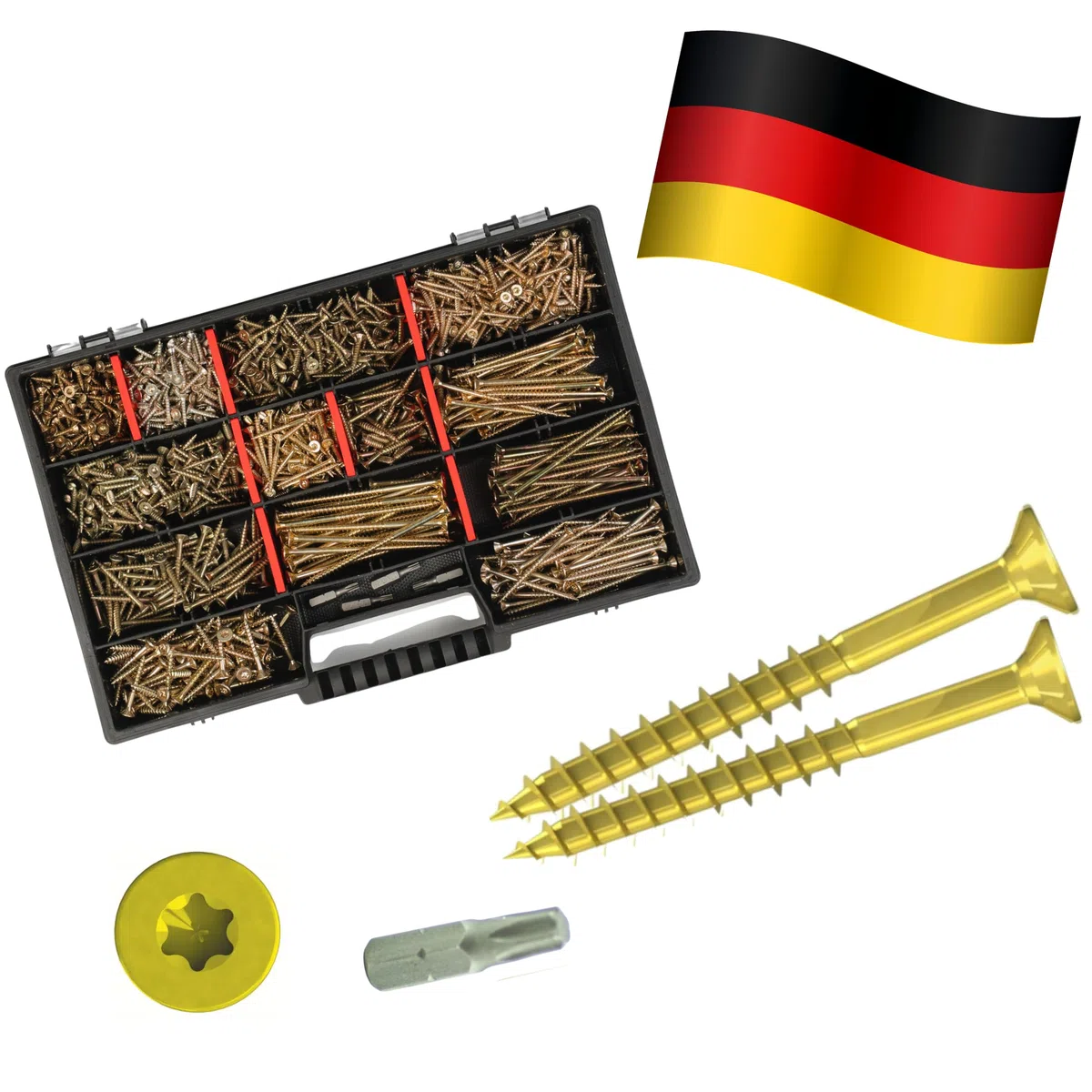 Holzschrauben Set XXL Sortiment, 1000-teilig, Torx Antrieb, Spanplattenschrauben 3x12 bis 4,5x80mm inkl. Bits Premiumqualtiät