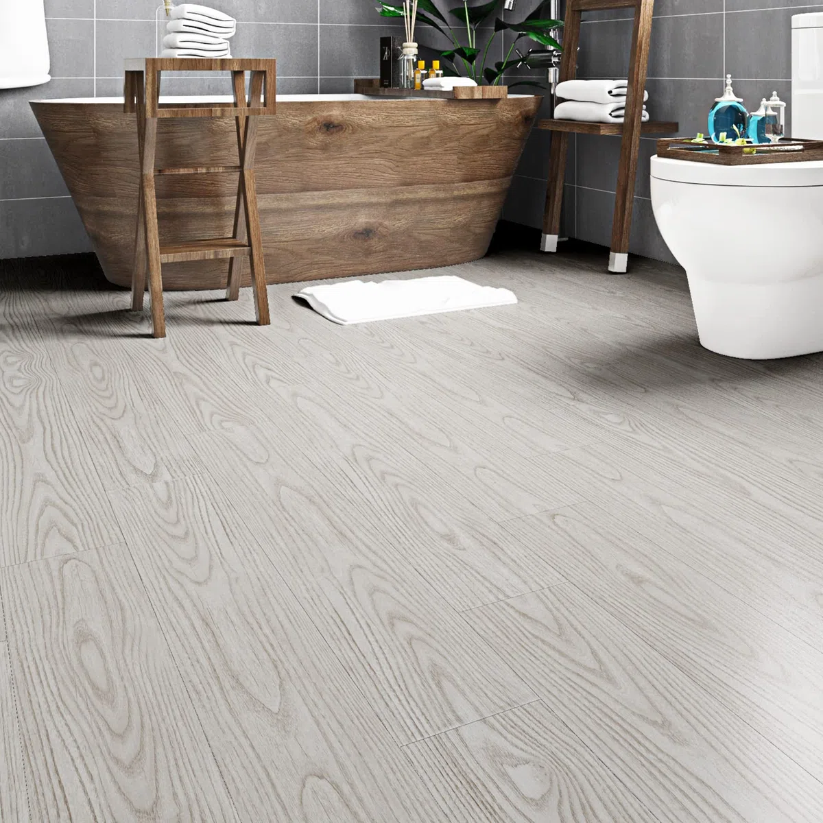 Livelynine Badezimmer-Bodenfliesen, selbstklebend, Holzoptik, 32 Fliesen, selbstklebende Bodendielen, weiß, gewaschen, 90 x 15 cm, Küche, Bodenfliesen, waschbar, Linoleumfliesen, Bodenbelag, Flur